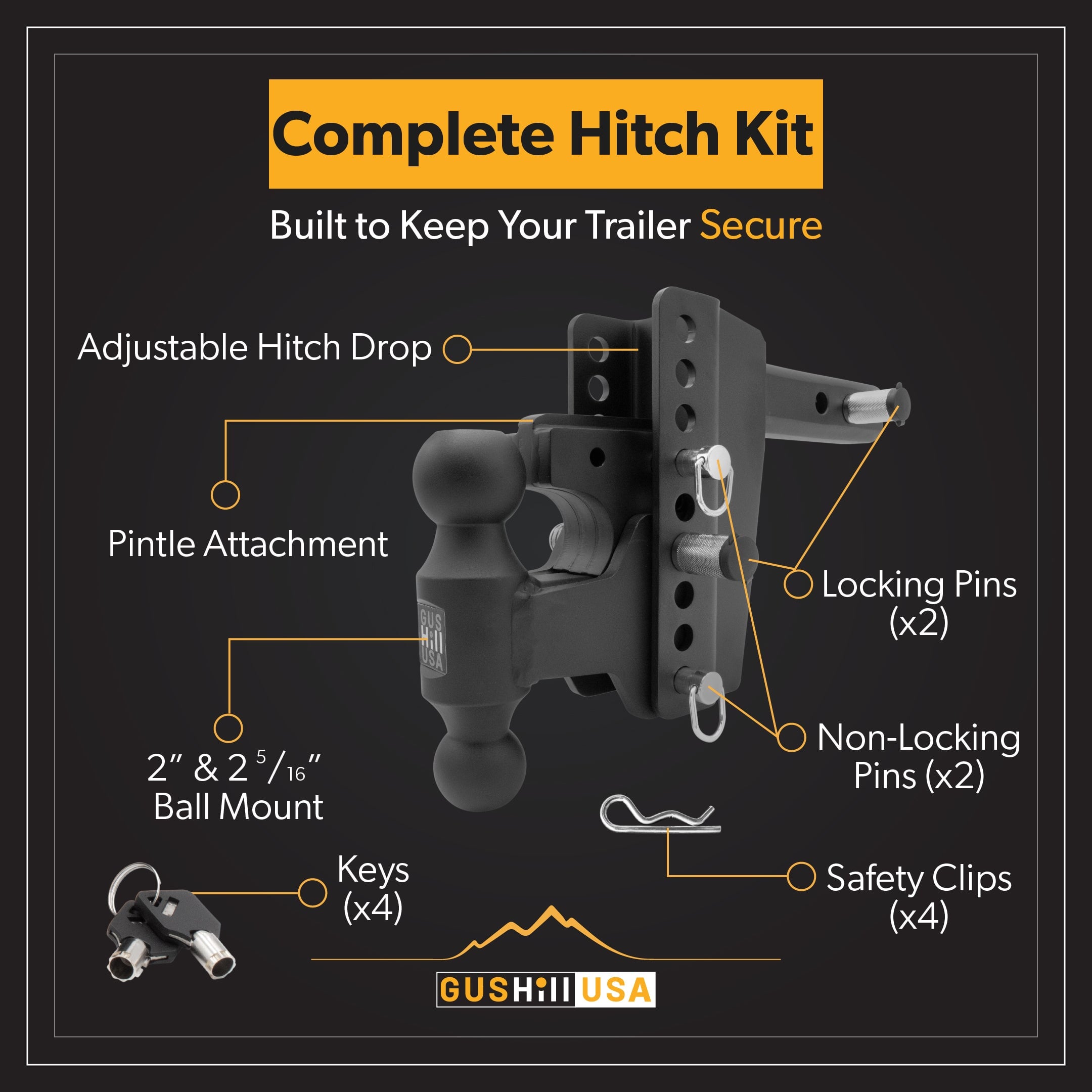GusHillUSA Complete Hitch Kit with Dual Ball Hitches Proven Locks 