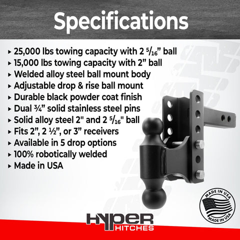 25,000 lbs Tow Rating, Hyper Hitches M255 Adjustable Drop Hitch