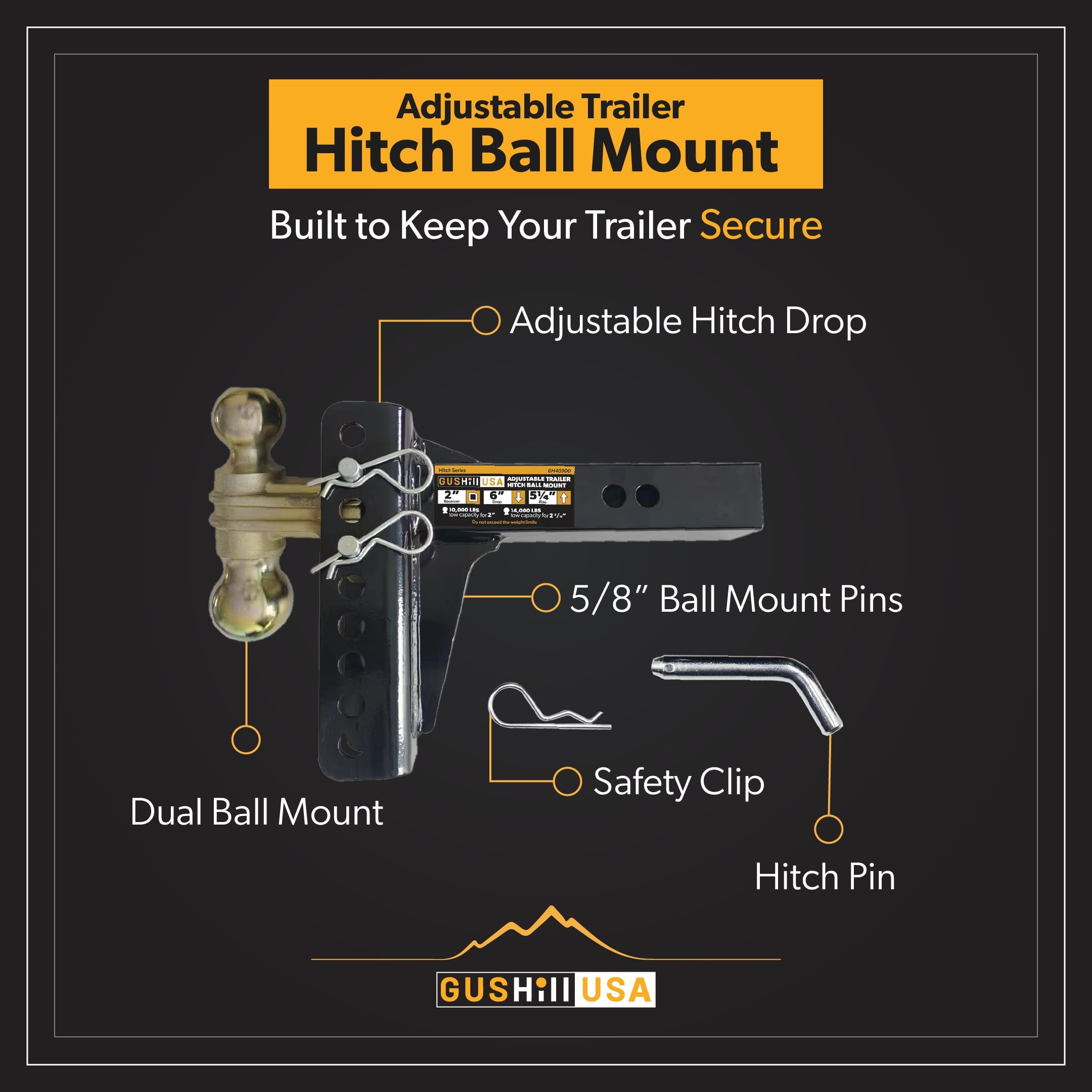 Adjustable Trailer Hitch Ball Mount for 2" Receiver-GH45900 Hitches Proven Locks 